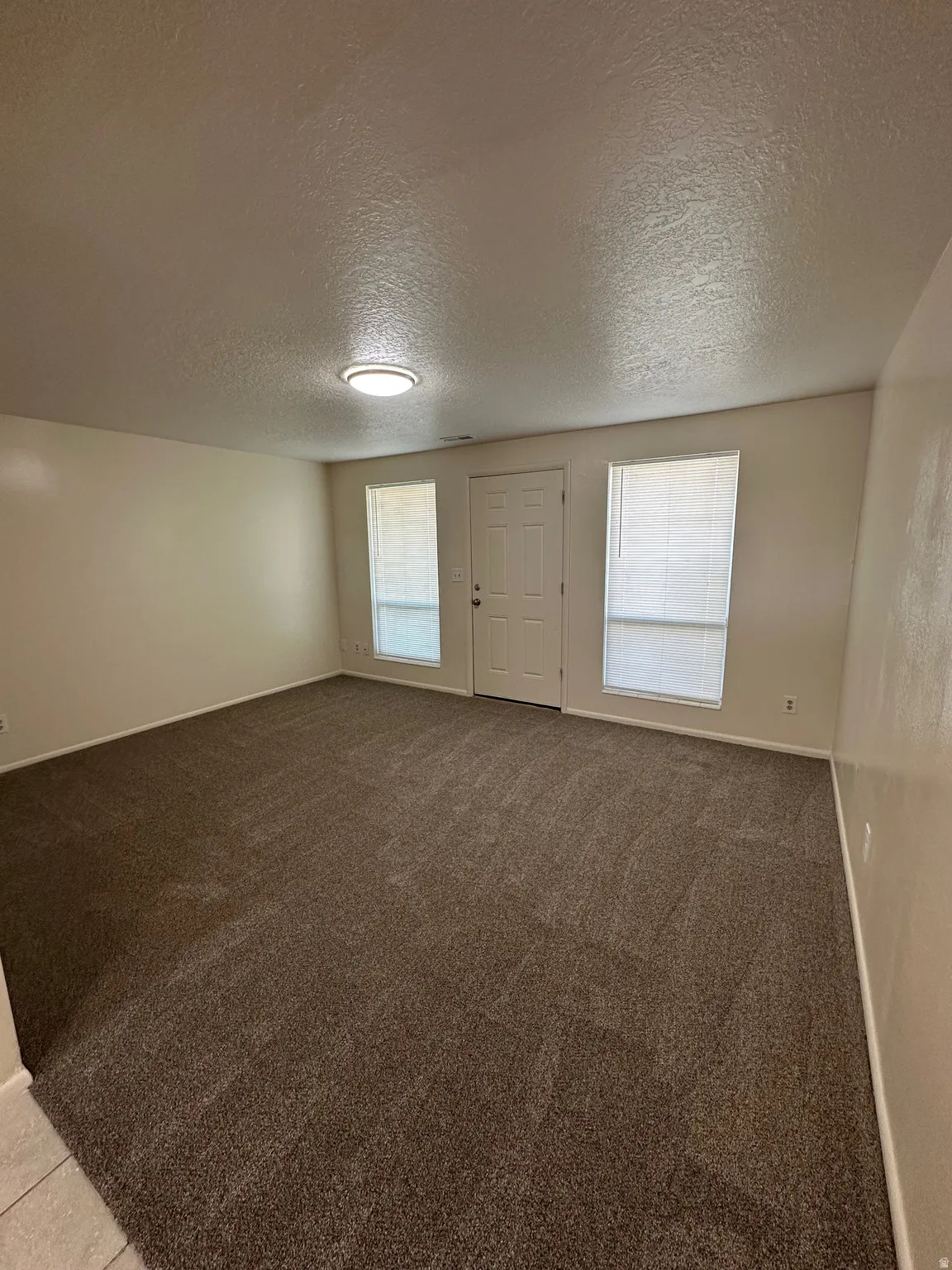 Spacious room featuring textured carpeting, neutral wall finishes, and a white entry door