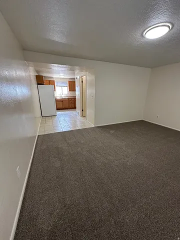 Carpeted living space with a ceiling-mounted light fixture, offering a clear opening to a kitchen featuring tile flooring, wood cabinetry, and a visible window