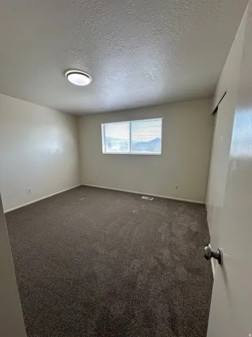 Carpeted interior space featuring a window with blinds, a ceiling-mounted light fixture, and a neutral wall color