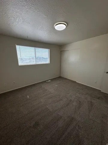 Spacious room featuring neutral carpeting, a large window with horizontal blinds, and a flush-mount ceiling light fixture