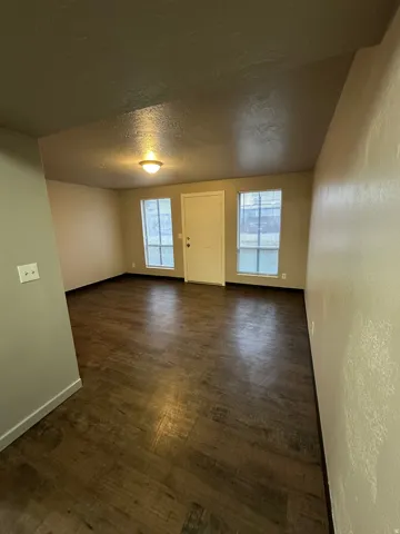 Spacious room with dark wood-finish flooring, two large windows, a single-panel entry door, and a flush-mount ceiling light