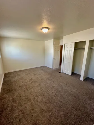 Spacious interior featuring brown carpeting and light-colored walls