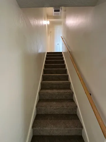 Carpeted staircase featuring a light-toned wood handrail, white baseboards, and overhead lighting