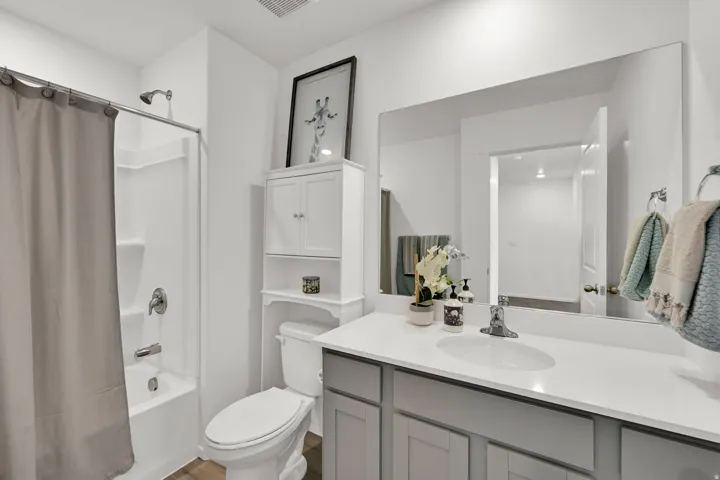 Bathroom featuring a single vanity with a white countertop and gray cabinetry