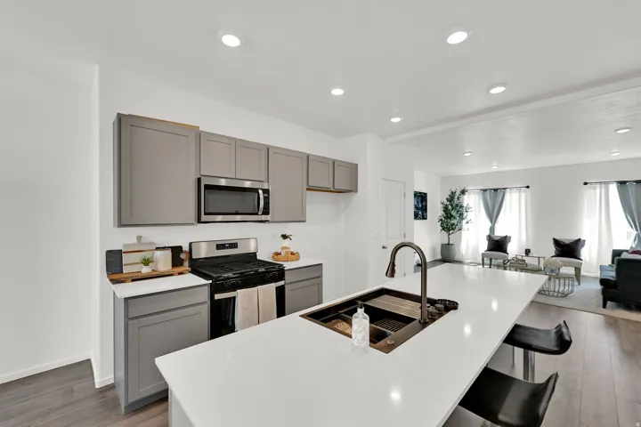 Modern kitchen featuring a large island with an undermount sink and a gooseneck faucet