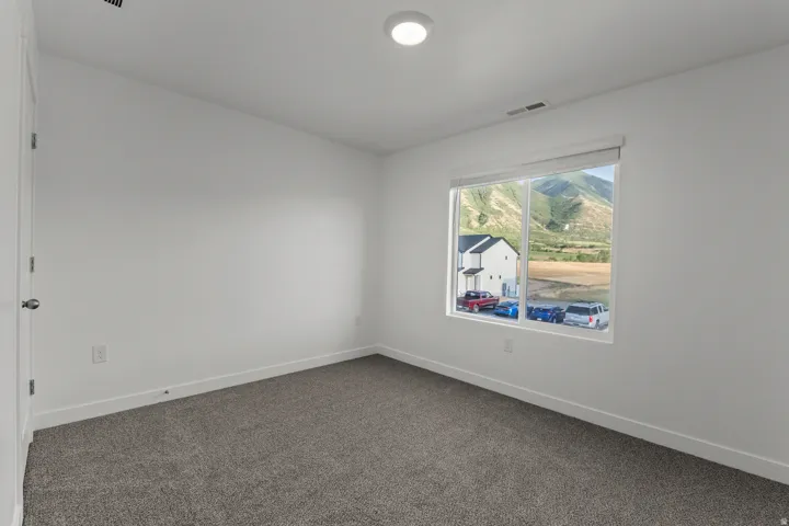 Interior room featuring a large window with mountain scenery, plush gray carpeting, white walls, white baseboards, and a flush-mount ceiling light fixture