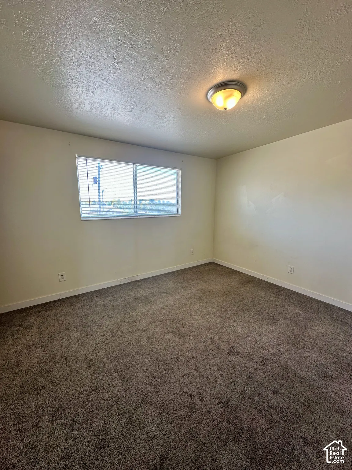 Spacious room featuring neutral-toned carpet, light-colored walls, and a large window with blinds