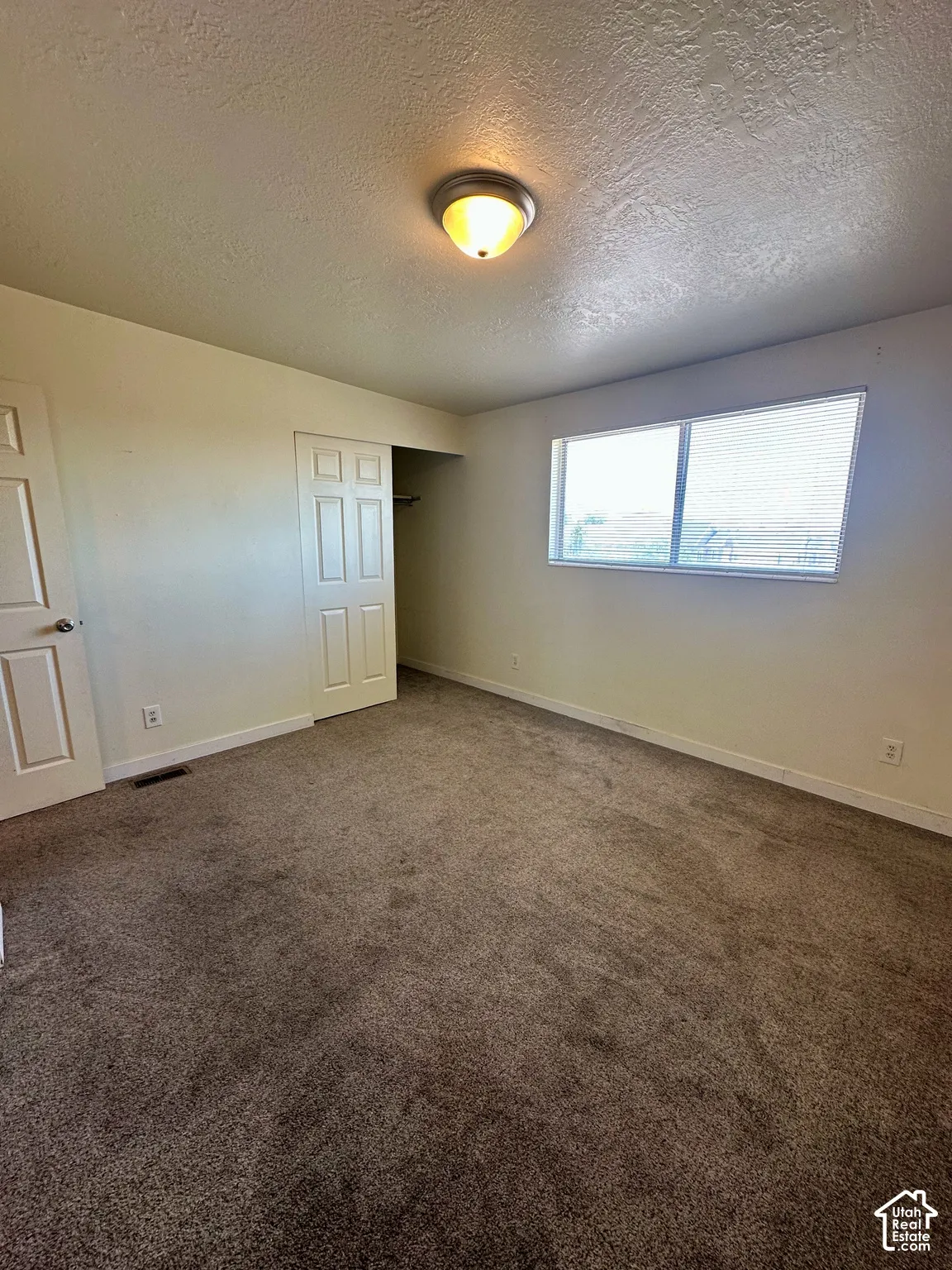 Spacious room featuring neutral carpeting, light-colored walls, a ceiling-mounted light fixture, and a large window with blinds