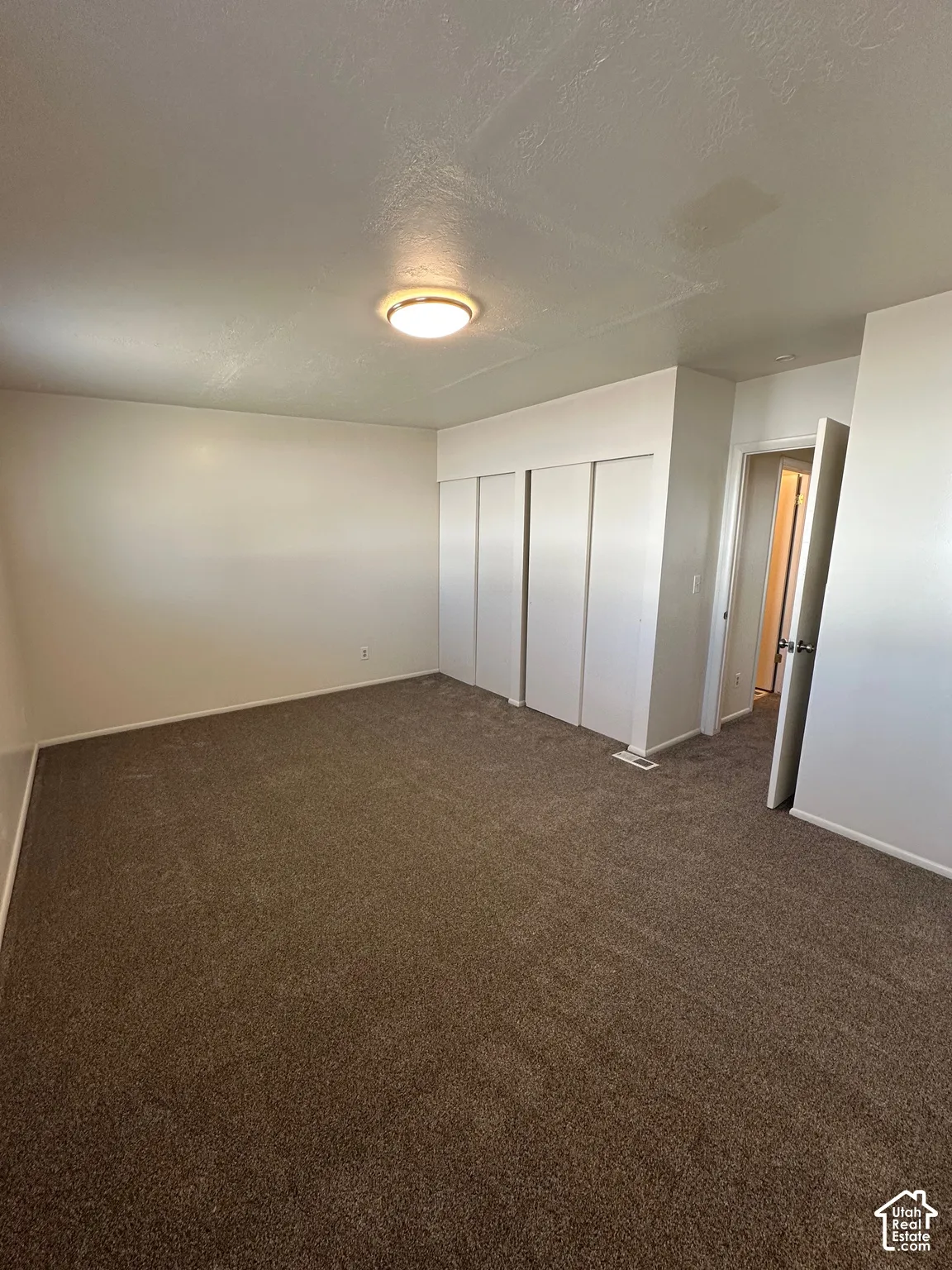 Plush brown carpeting throughout, illuminated by a ceiling-mounted light fixture