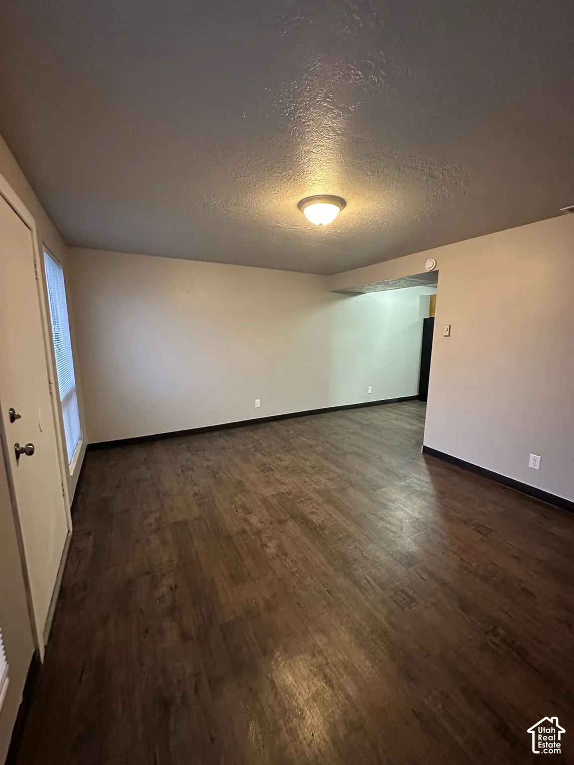 Spacious living area featuring wood-finish flooring, neutral wall tones, a flush-mount ceiling light fixture, and a window with white trim