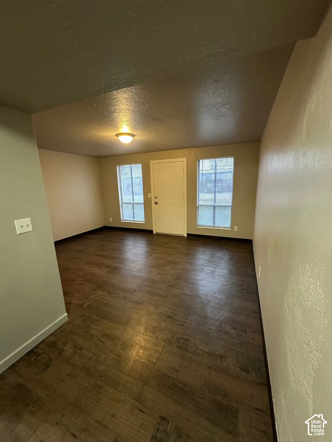 Spacious room with dark wood-finish flooring, two large windows, a single-panel entry door, and a flush-mount ceiling light
