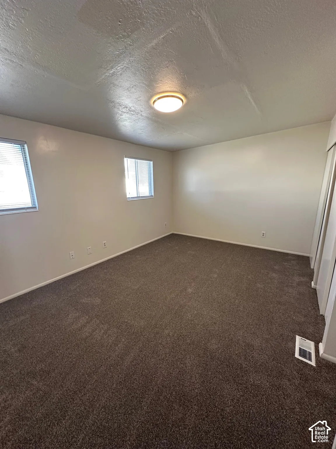 Spacious room featuring neutral-toned walls, dark brown carpeting, two windows with horizontal blinds, and a ceiling-mounted flush light fixture