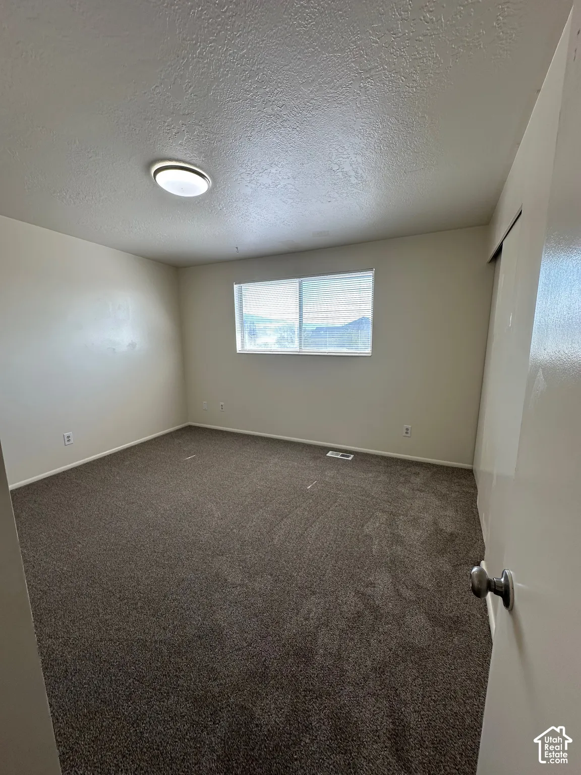 Carpeted interior space featuring a window with blinds, a ceiling-mounted light fixture, and a neutral wall color