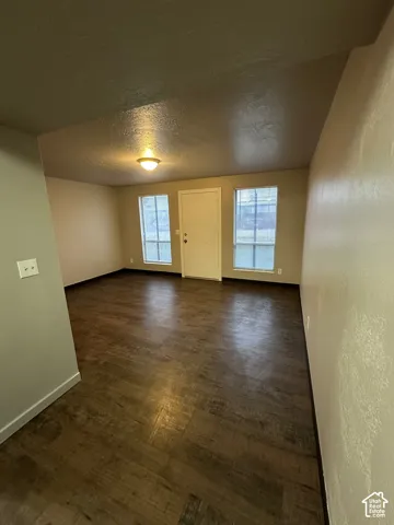 Spacious room with dark wood-finish flooring, two large windows, a single-panel entry door, and a flush-mount ceiling light