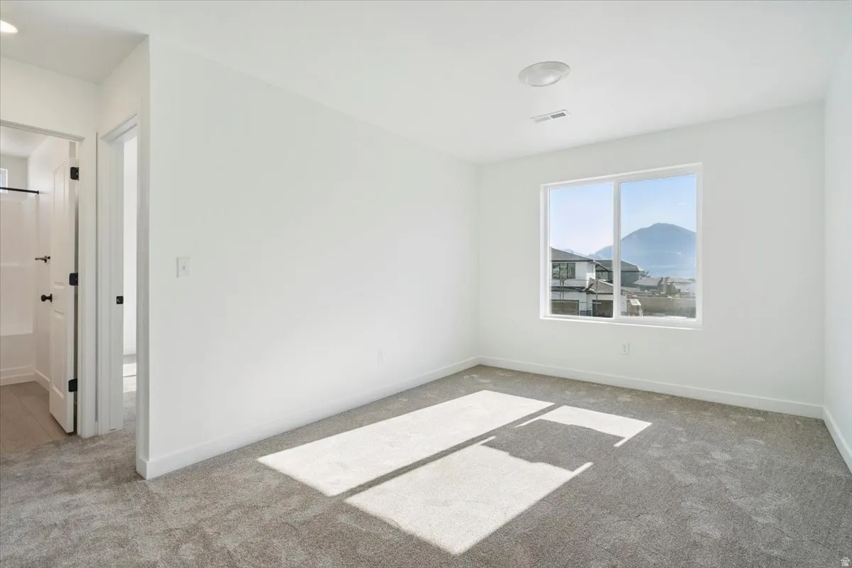 Bright room featuring a large window, soft gray carpet, white walls, and a ceiling-mounted light fixture