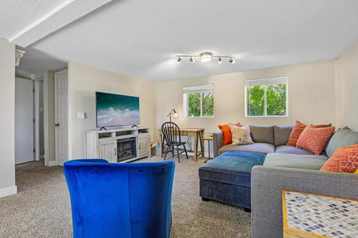 Spacious living area featuring neutral carpeting, recessed ceiling lighting, two windows, and light-toned walls