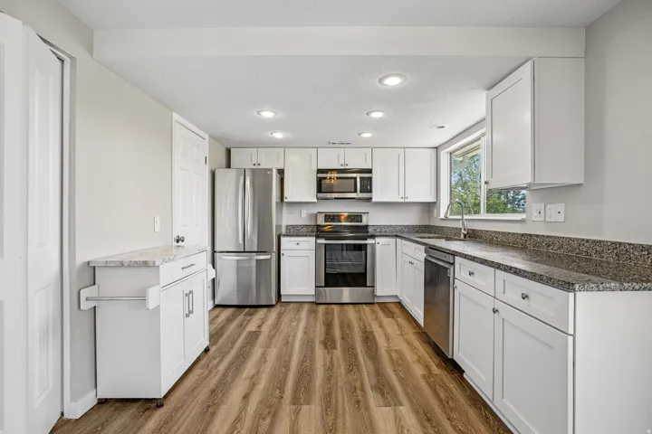Kitchen featuring wood-finish flooring, white cabinetry, speckled countertops, stainless steel appliances, and recessed lighting