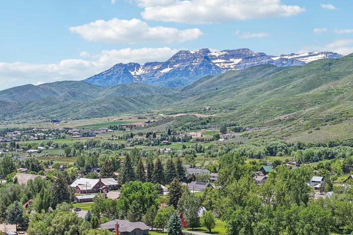 Expansive landscape featuring snow-capped mountains, verdant hillsides, a valley with scattered residential structures, and abundant mature trees