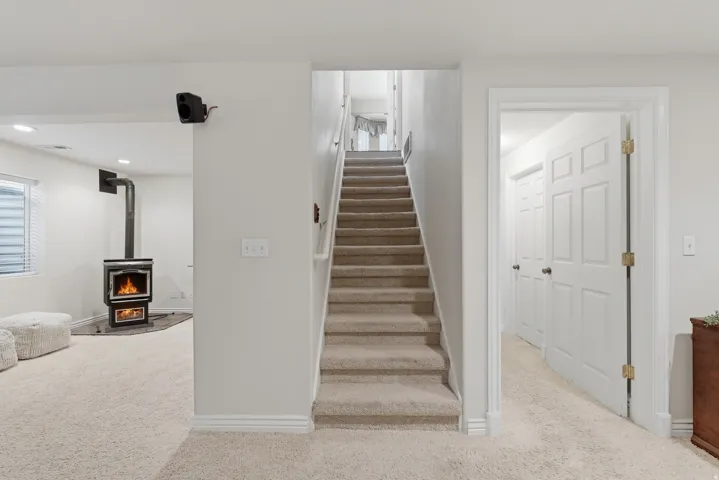 Carpeted staircase with white risers and handrail