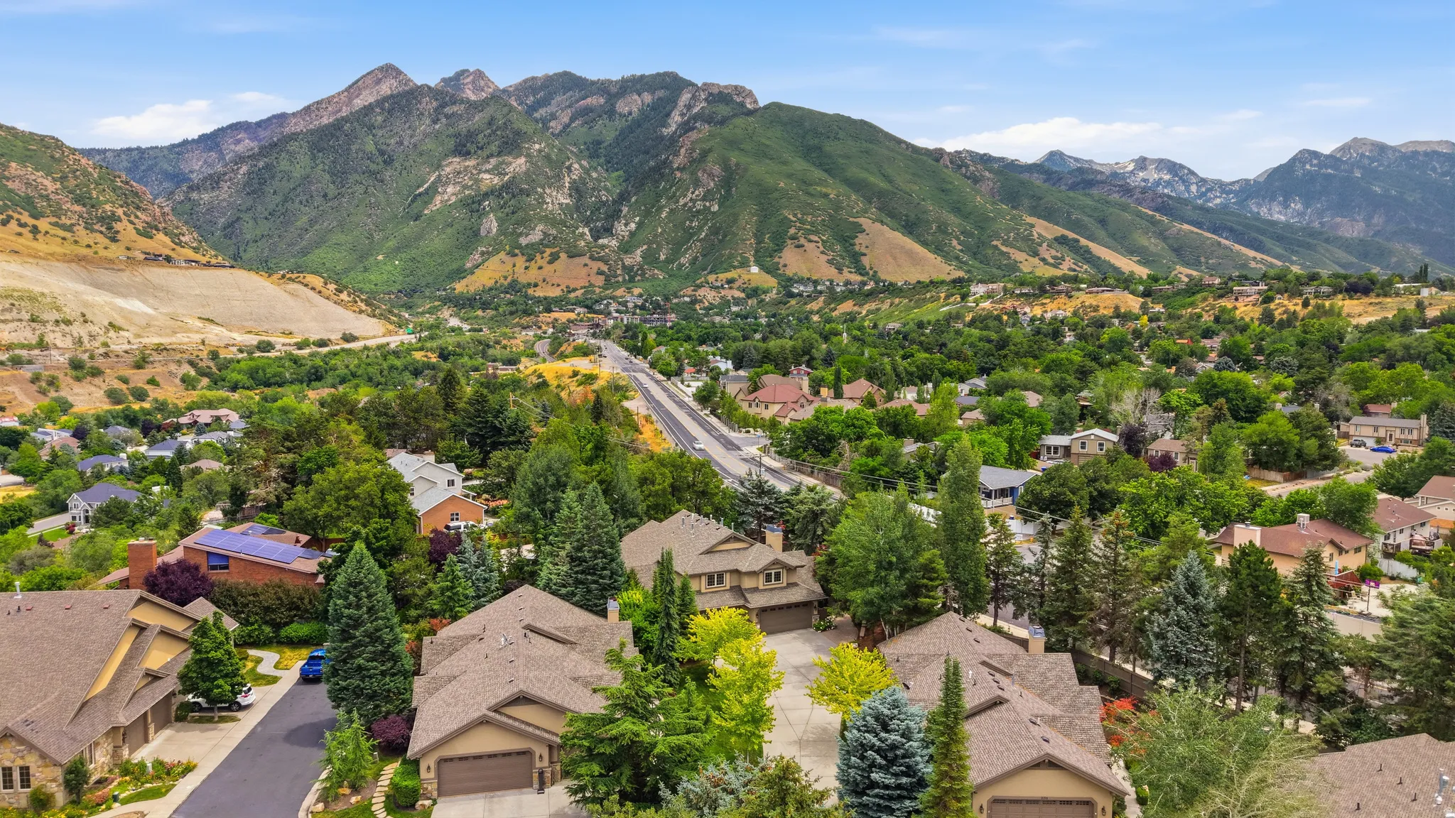 Residential neighborhood featuring mature trees and mountain backdrops
