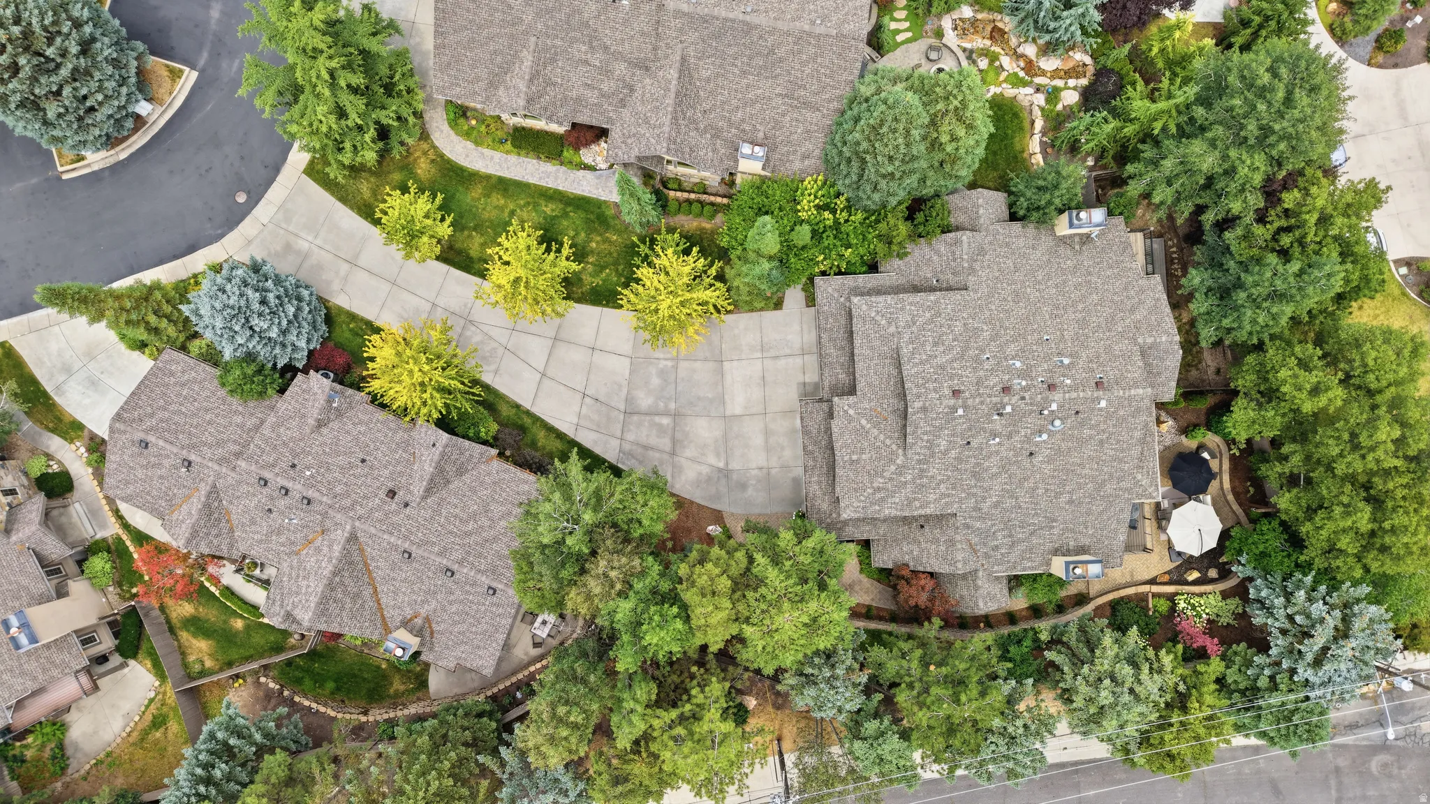 Expansive property featuring a multi-gabled roofline, mature trees, and a patterned concrete driveway