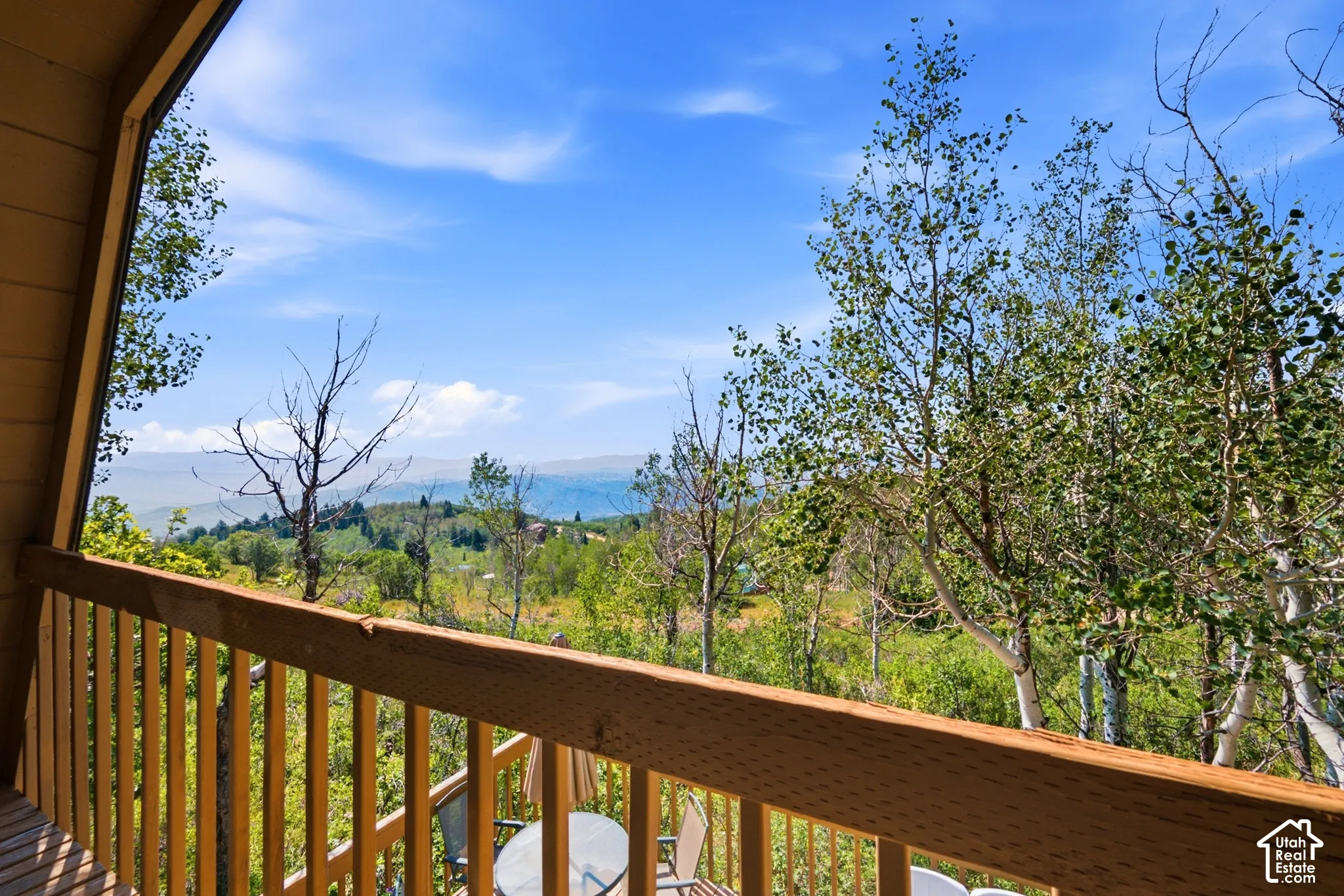 Balcony View - View from the upper balcony across the aspen canopy toward the valley and distant range.