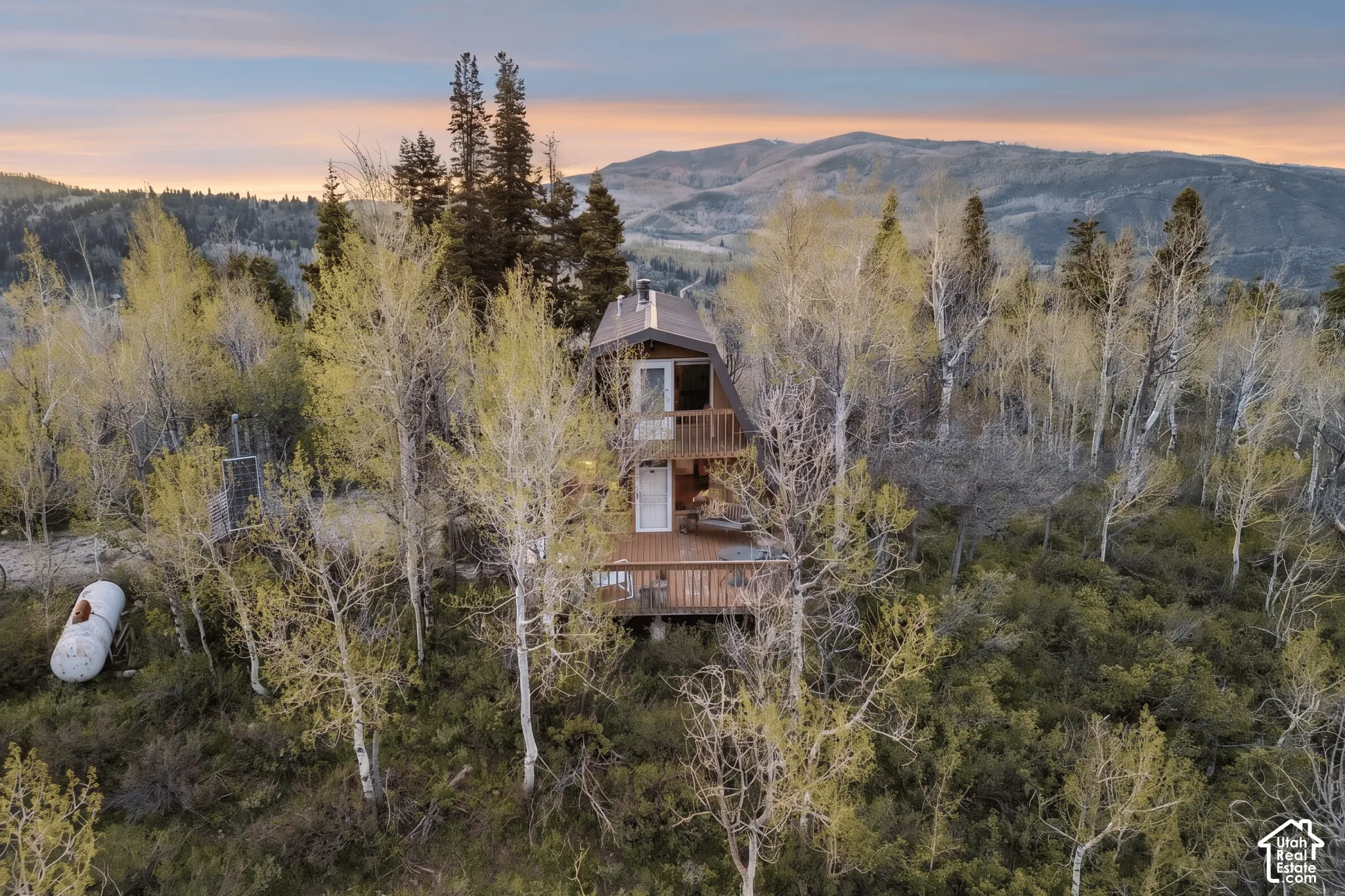 Aerial Setting - The property sits above the surrounding valley on a wooded lot with private road access and views across the canyon.