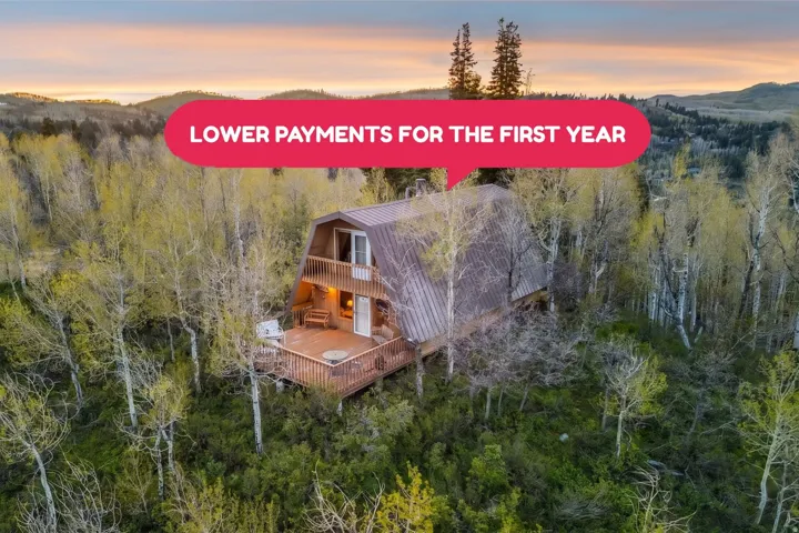 A-frame style residence featuring a metal roof, an upper-level balcony, and a ground-level deck with a wood railing, surrounded by a natural wooded landscape
