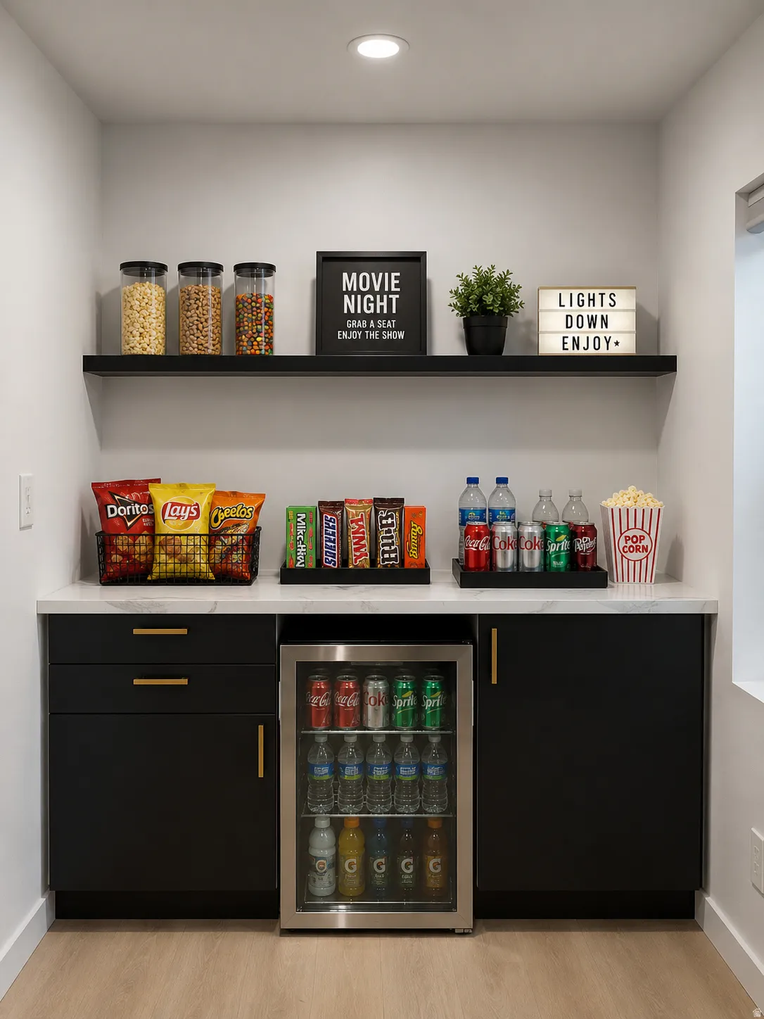 Built-in snack bar featuring black cabinetry with gold-tone hardware, a beverage cooler, a floating shelf, and a light-toned countertop
