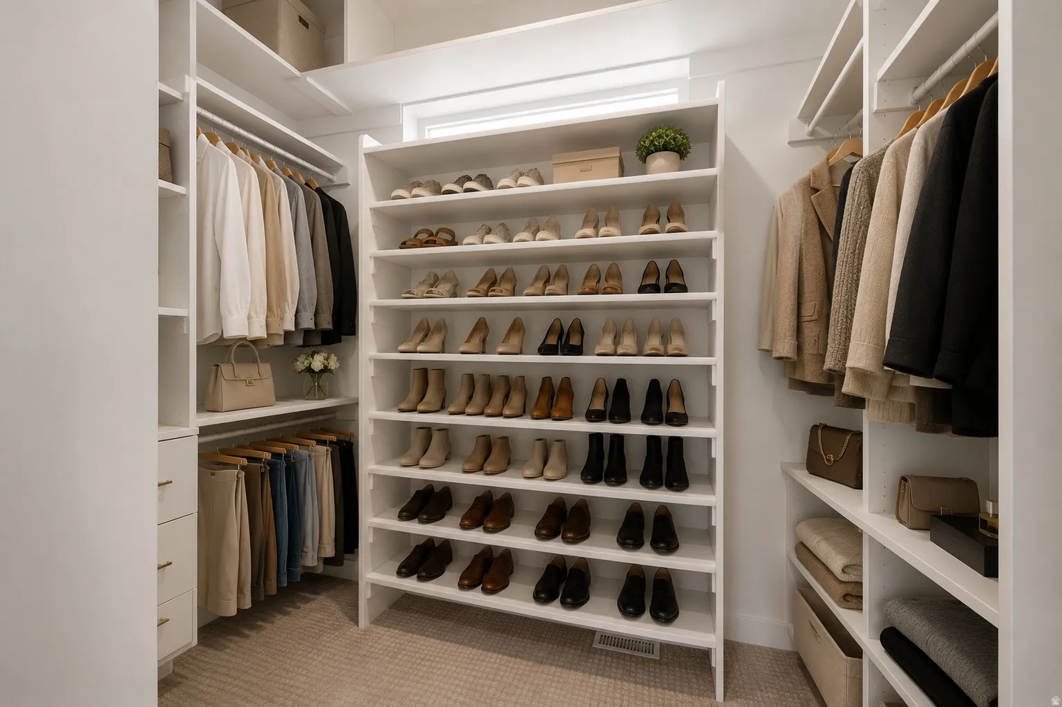 Custom closet system featuring extensive shelving, multiple hanging rods, built-in drawers, and a high window for natural light