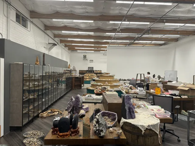 Spacious commercial interior featuring high ceilings with exposed wood beams and extensive overhead lighting