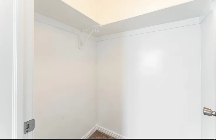 Interior closet featuring white walls, white trim, a built-in shelf with support brackets, and carpet flooring