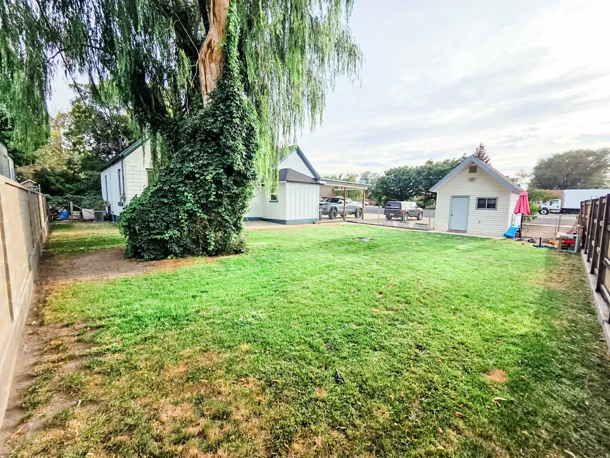 Large Fenced yard and large shed that can be used as a wood shop or storage