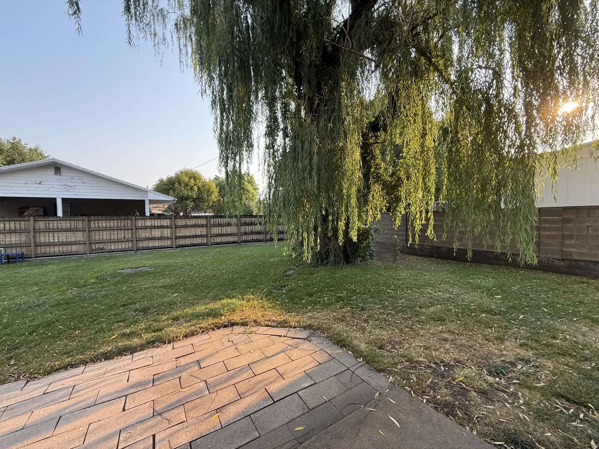 Spacious yard with a mature tree, privacy fencing, and a paver patio