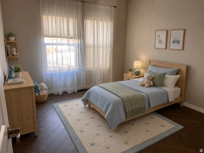 Room featuring wood-finish flooring in a herringbone pattern