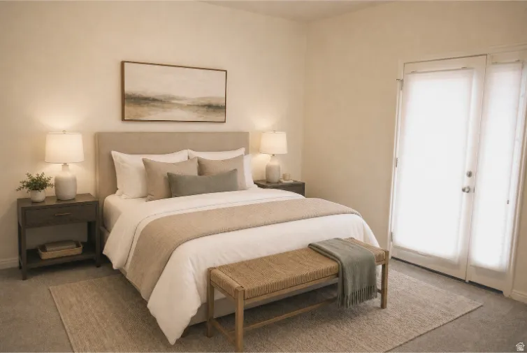 Bedroom featuring neutral wall paint, carpet flooring, a light upholstered headboard, and French doors