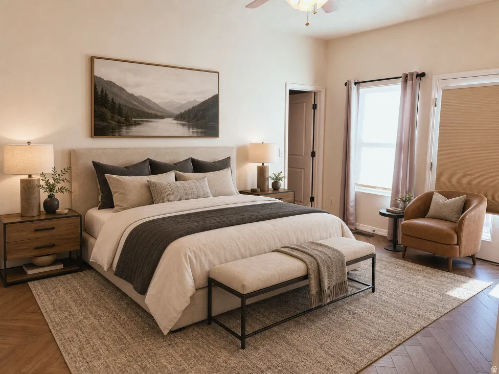 Spacious bedroom featuring vaulted ceilings, wood-finish herringbone flooring, a ceiling fan with integrated lighting, and multiple windows with blinds and curtain rods