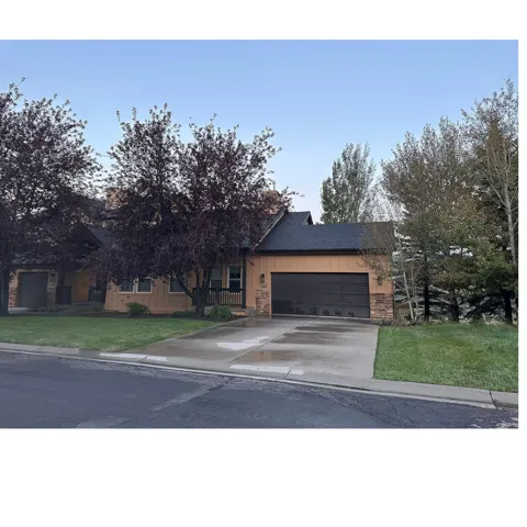 Ranch-style exterior with a dark shingle roof, tan siding, and a brown garage door