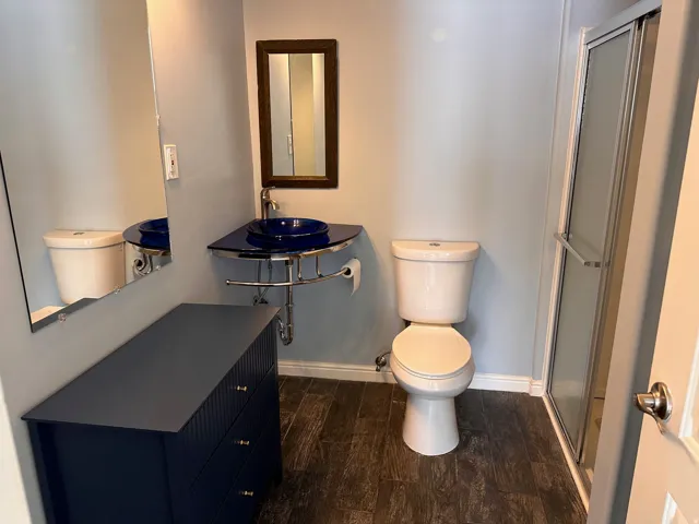 Contemporary bathroom featuring a corner vessel sink with a dark blue basin, a full-size toilet, and a stand-up shower with a frosted glass door