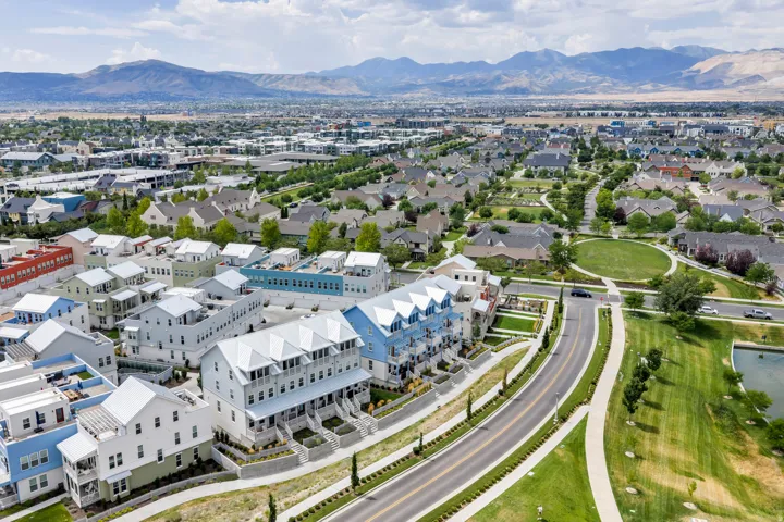 Aerial view showcasing a community with diverse architectural styles
