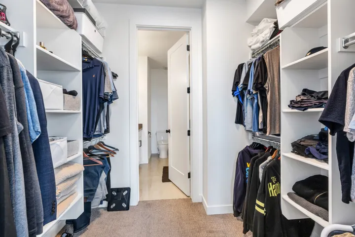Walk-in closet with carpet flooring, white built-in shelving, and metal hanging rods