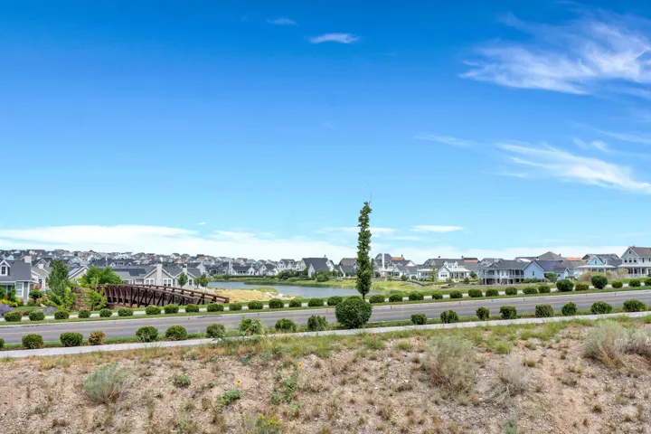 Community featuring a central body of water, residential homes with varied architectural styles, a pedestrian bridge, and manicured landscaping