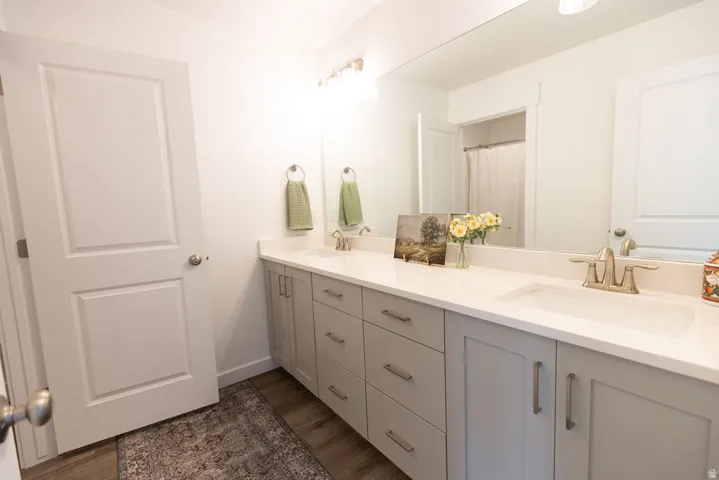 Dual sink vanity featuring light gray cabinetry with brushed nickel hardware, white stone-finish countertop, and integrated rectangular sinks