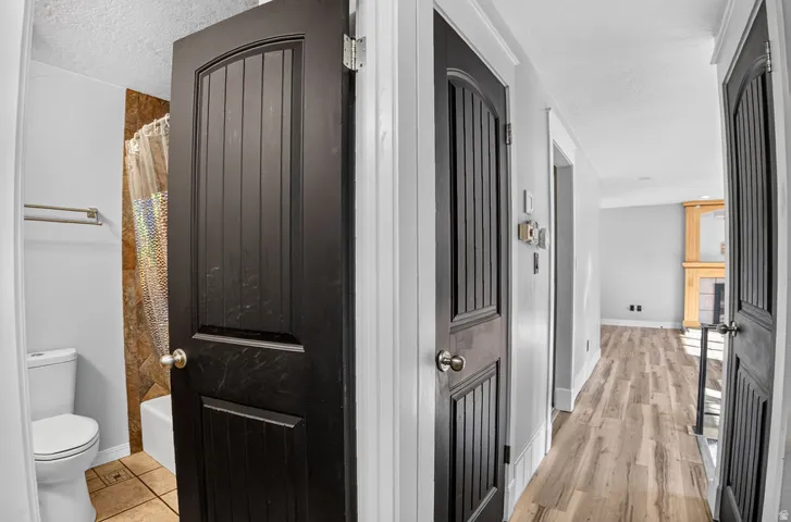 Hallway with wood-finish flooring and multiple dark paneled doors