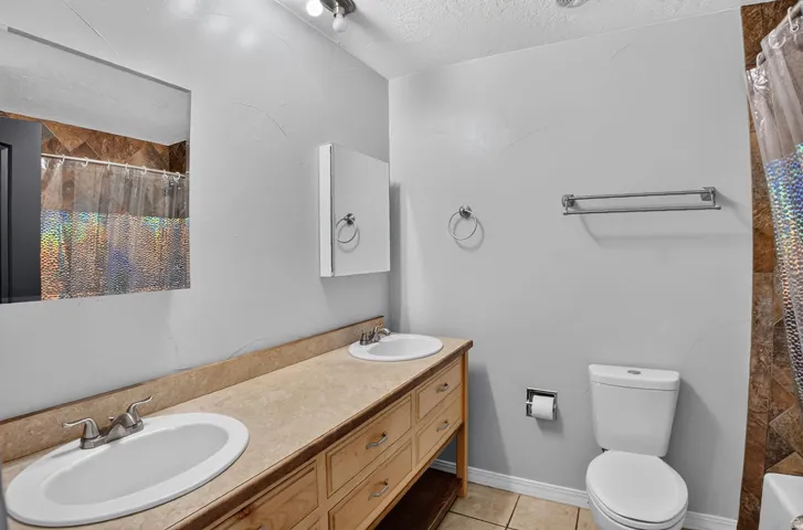 Bathroom featuring a double vanity with light wood cabinetry, dual undermount sinks, and a neutral-toned countertop