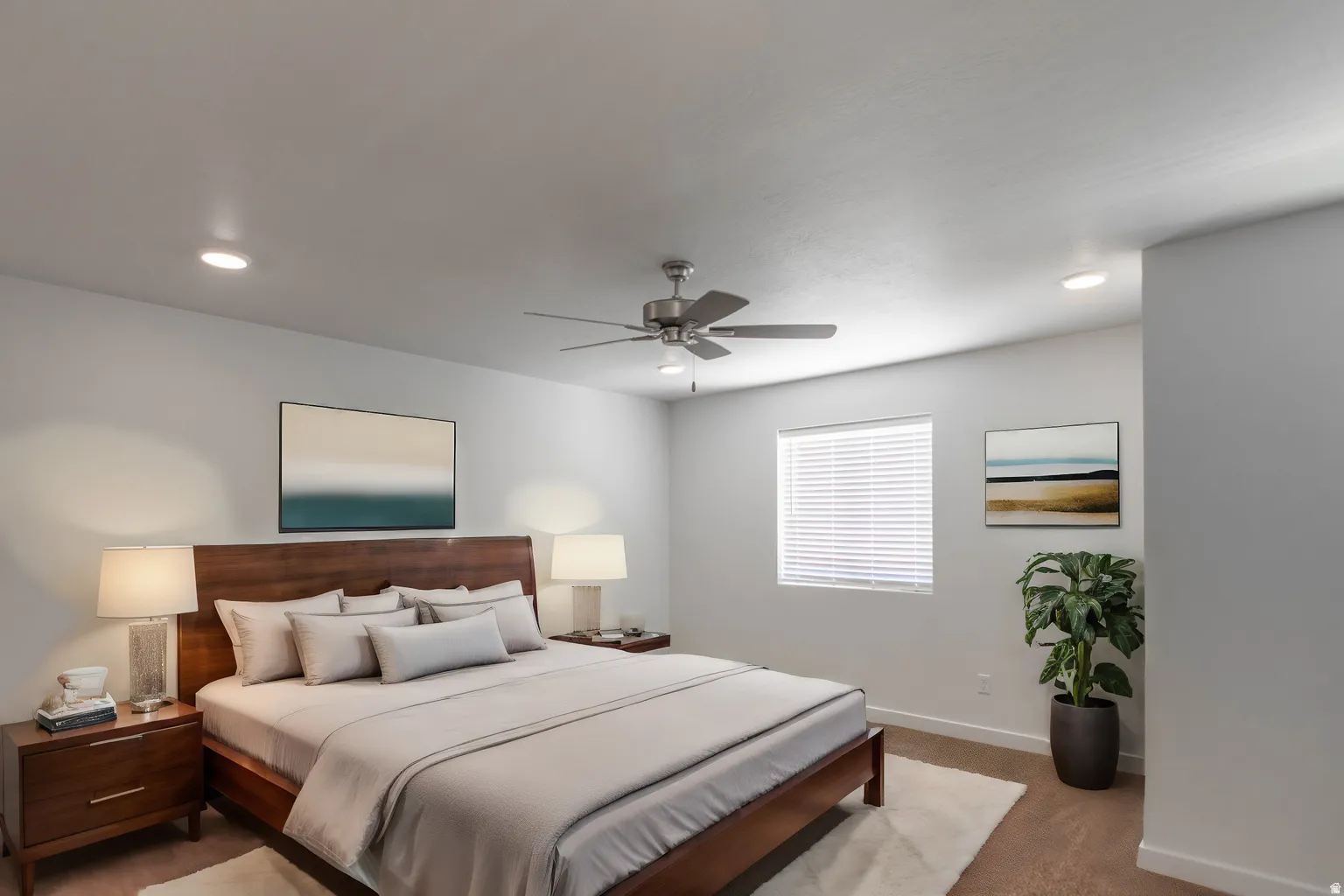 Spacious room featuring neutral-toned walls, recessed lighting, and a ceiling fan