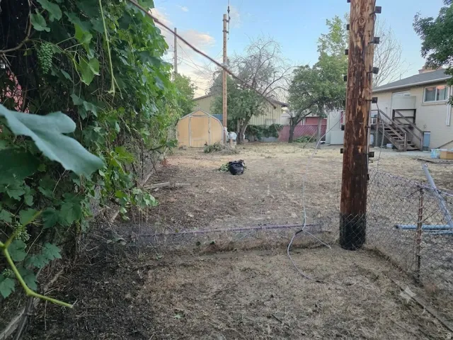 Expansive backyard featuring a greenhouse structure, mature trees, and a chain-link fence