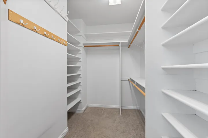Walk-in closet featuring built-in shelving, multiple hanging rods, a light-colored carpet, and a wall-mounted wooden rack with hooks