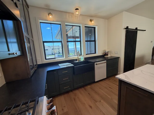Kitchen featuring dark green cabinetry with gold hardware, a black farmhouse sink, and black countertops