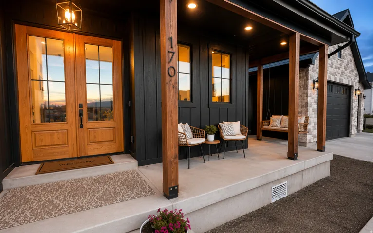 Inviting front porch featuring a double wooden entry door with glass panels, board and batten siding, stone facade, and exposed wood beams